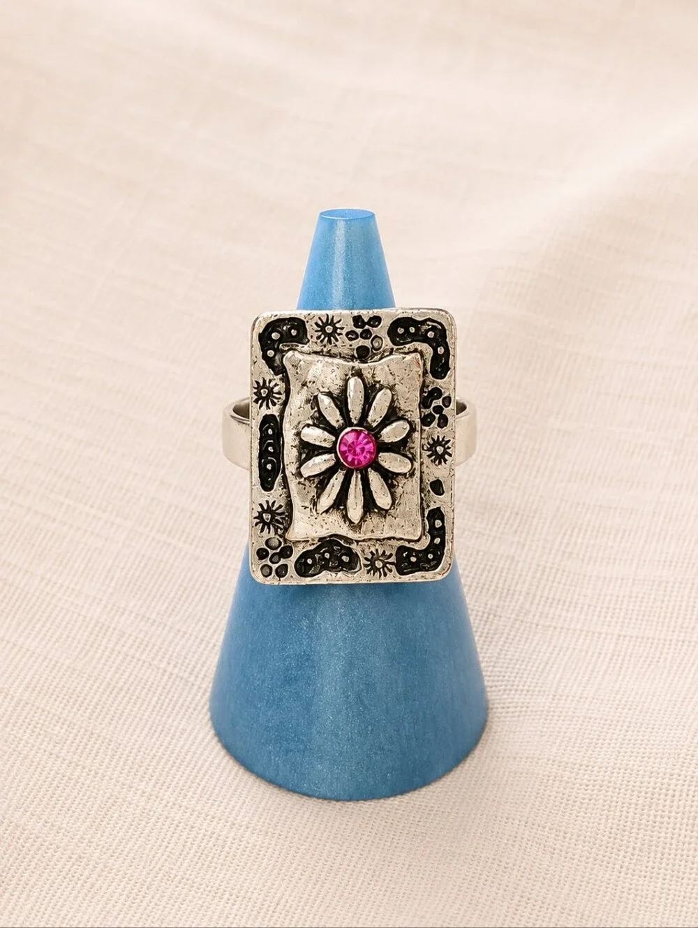 Vintage Daisy Pink Rhinestone Adjustable Ring Silver Tone Floral Statement